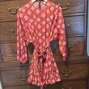 RHODE Pink Pleated Mini Dress with Bishop Sleeves